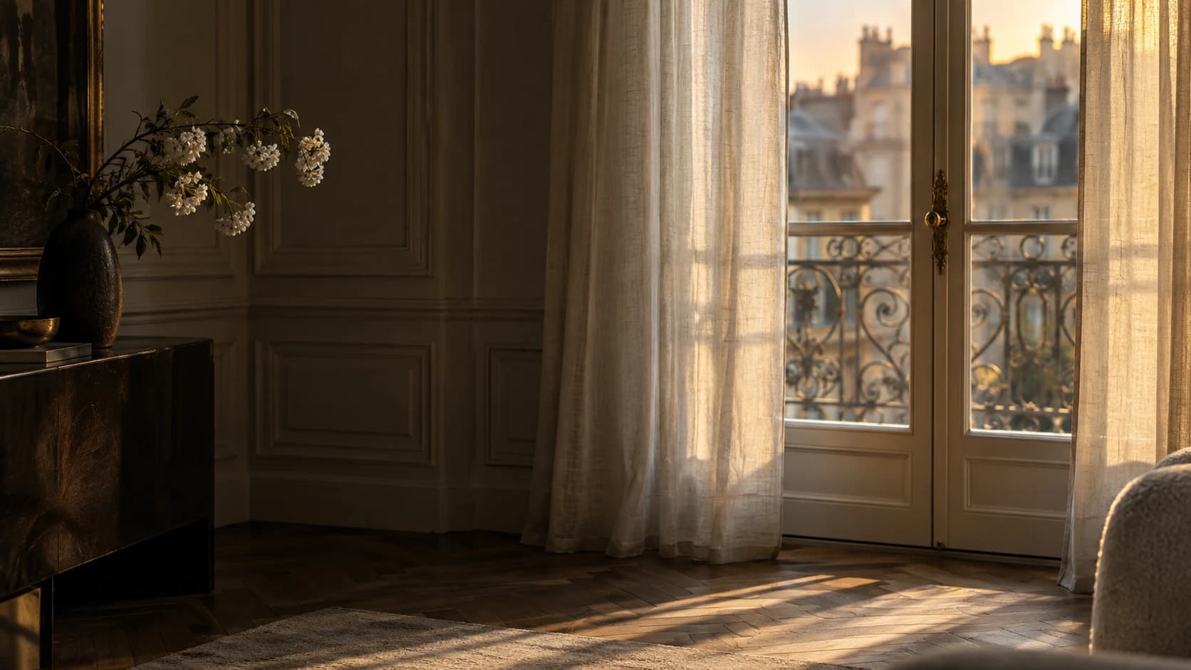 La lumière d’un salon parisien sur des rideaux de lin