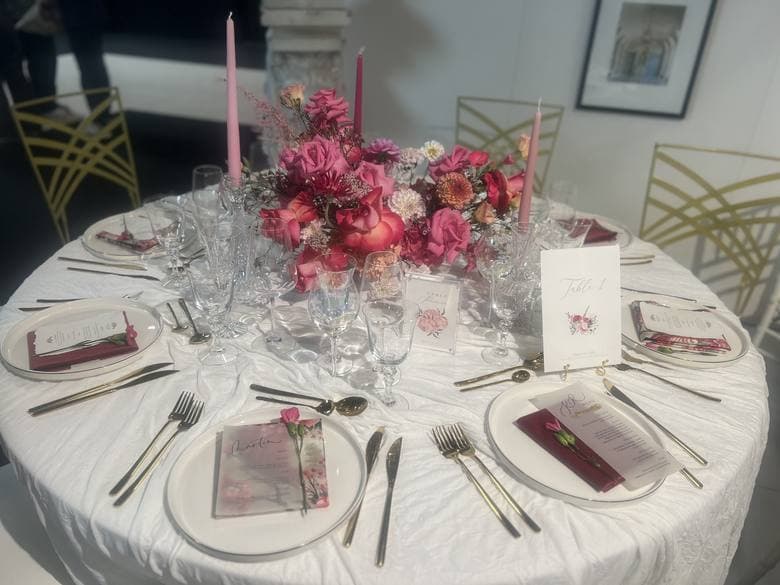 Table de réception, fleurs roses et vaisselle blanche